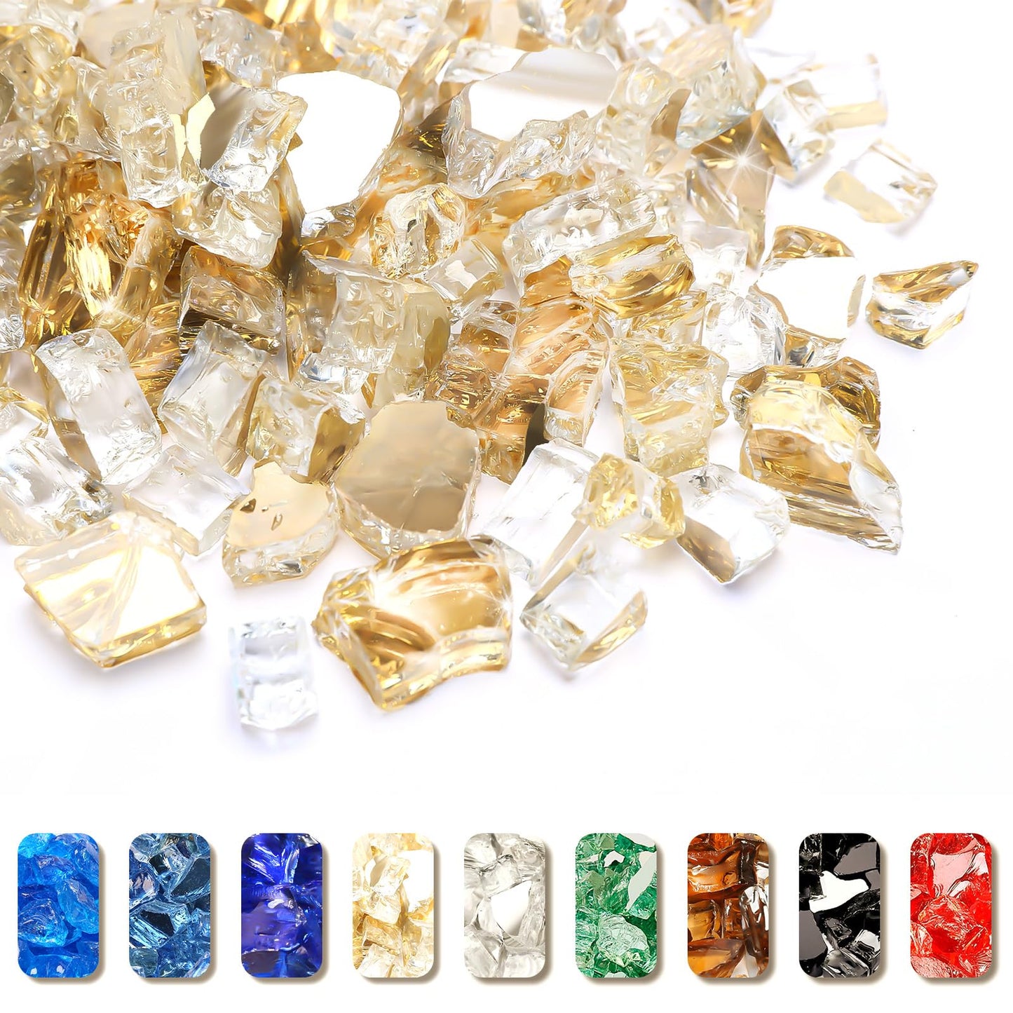 GRISUN Gold Fire Glass for Fire Pit, 20 Pounds 1/2 Inch High Luster Reflective Tempered Glass Rocks for Natural or Propane Fireplace, Safe for Outdoors and Indoors Firepit Glass