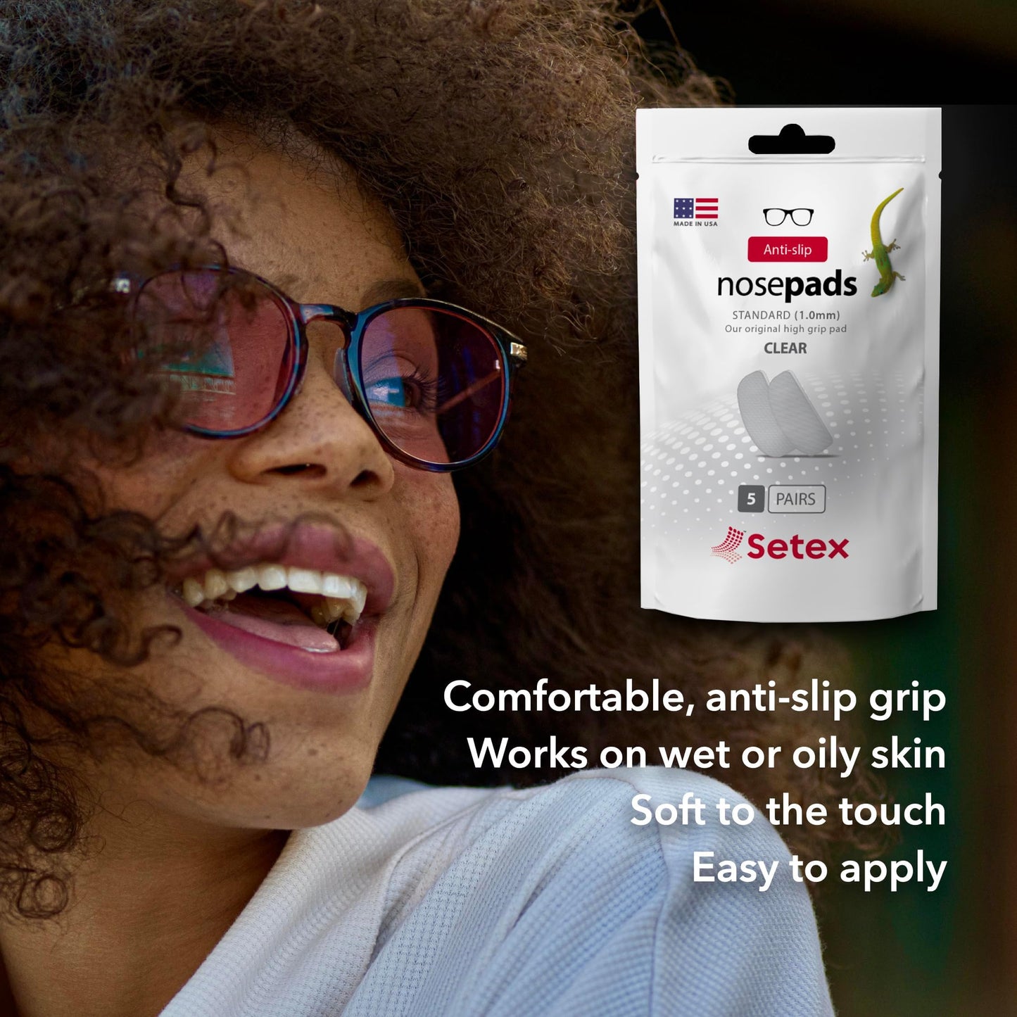 Setex Gecko Grip Glasses Nose Pads (5 Clear Pairs) - Anti-Slip Nose Pads for Glasses, USA Made, Micro-Structured Fibers, Ultra-Strong Grip and Ultra-Soft, Self Stick Adhesive, 1 x 7 x 16 mm