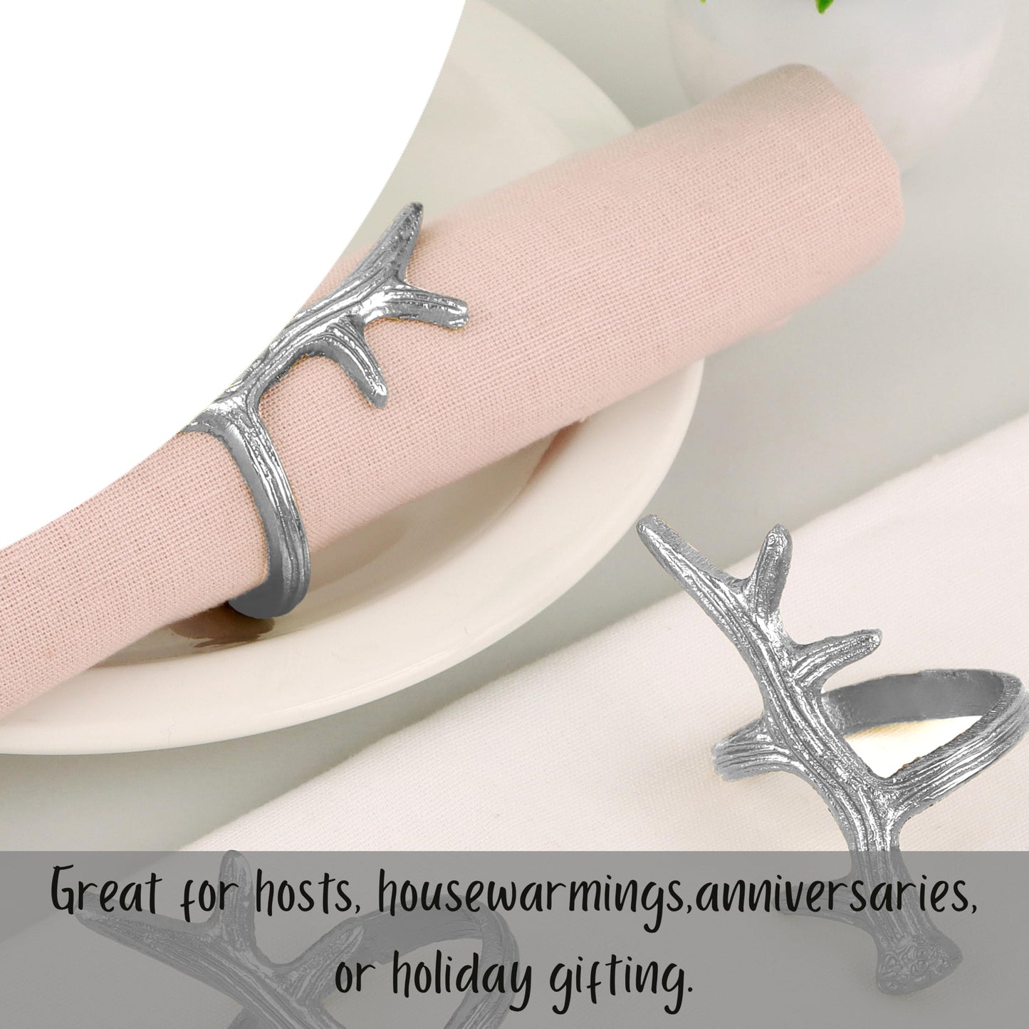Set of 12 Antler Napkin Rings for Dining Table Décor - Rustic Metal Napkin Holder Rings for Christmas, Weddings, Parties, Holiday Dinner & Everyday Use (Silver) - ALPHA Living HOME