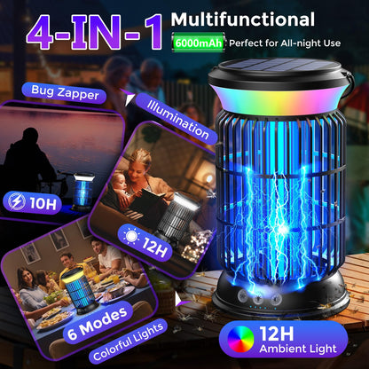 Solar Bug Zapper Outdoor, 4200V Effective Mosquito Zapper, 4-in-1 Cordless Rechargeable Fly Zapper with 6000mAh Battery, Waterproof & Portable Insect Zapper for Patio, Camping, Home Black