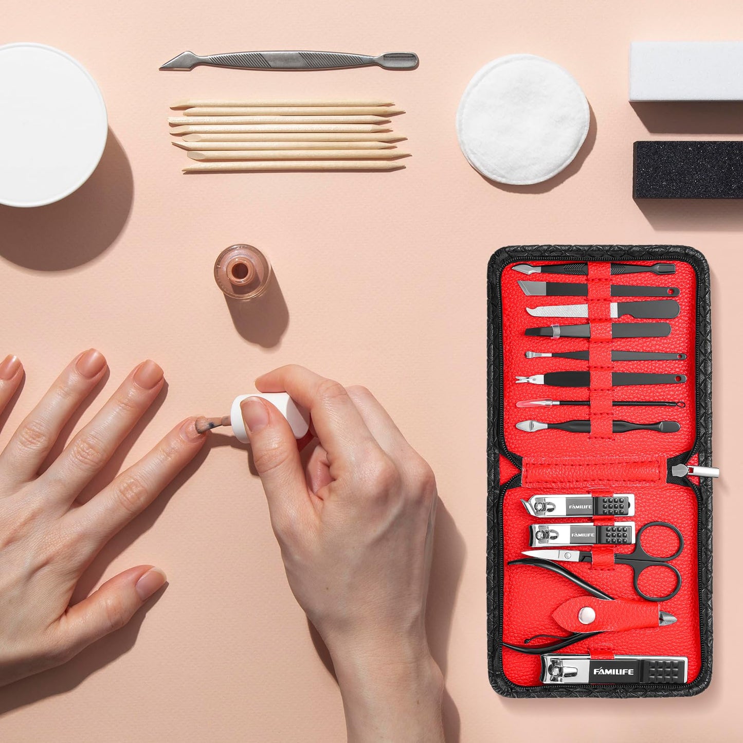 FAMILIFE Manicure Set, Nail Professional Kit Manicure Kits Nail Clipper Sets, 13PCS Stainless Steel Pedicure Sets Mens Grooming Tool, with Brown Leather Travel Case for Men
