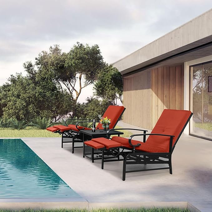 Oakcloud Adjustable Outdoor Lounge Chair Metal Patio Relaxing Recliner Chair Set with Bistro Table and Removable Cushions(Red)