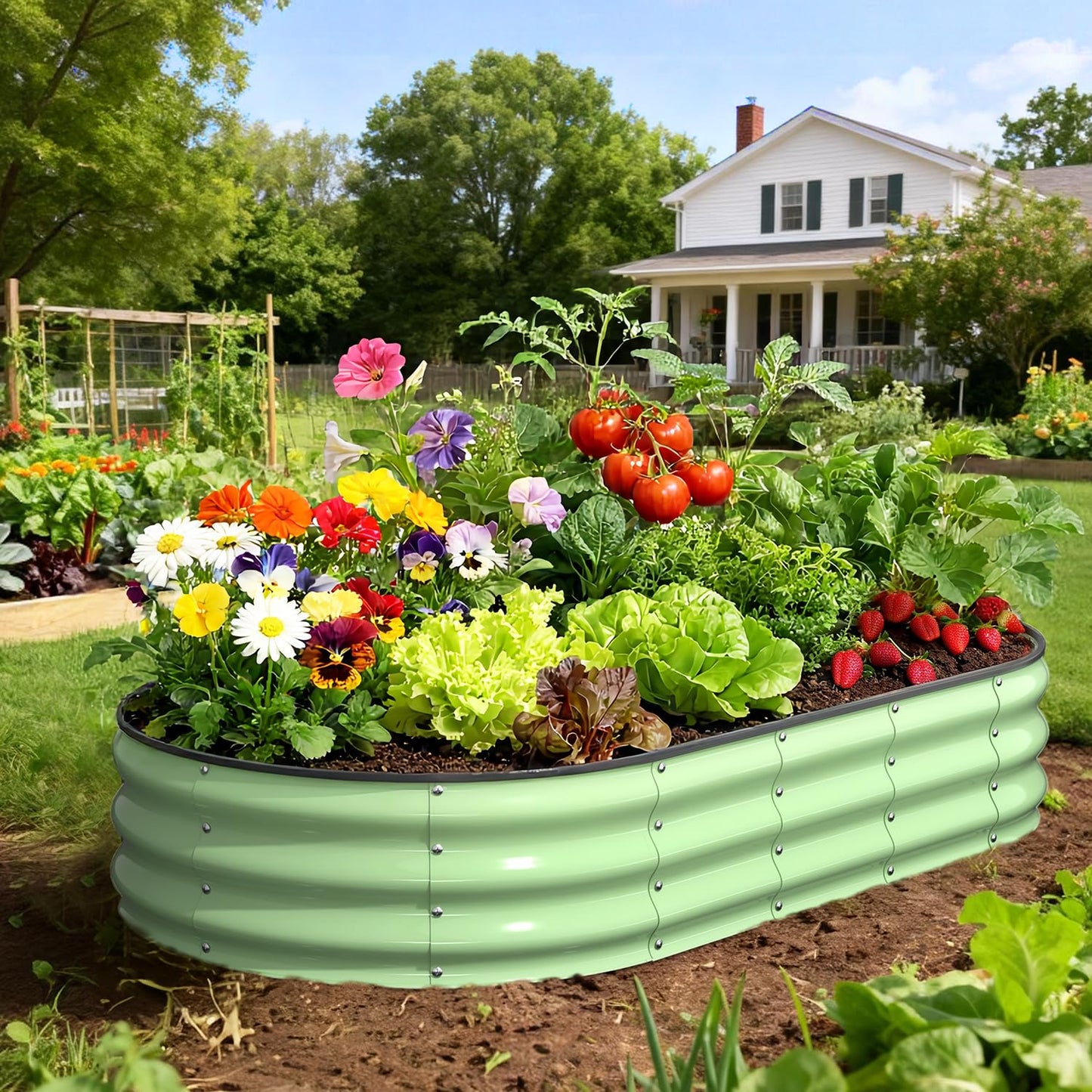 Yumatum Raised Garden Bed 6×3×1 FT, Galvanized Raised Planter Box, Oval Vegetable Planting Container with Safety Edge Trim, Fruit Green for Backyard Fence Line Side Yard Family Gardening