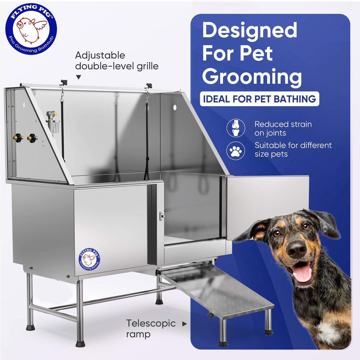 Flying Pig 50" Stainless Steel Pet Dog Grooming Bath Tub with Walk-in Ramp & Accessories (Right Door/Left Drain)