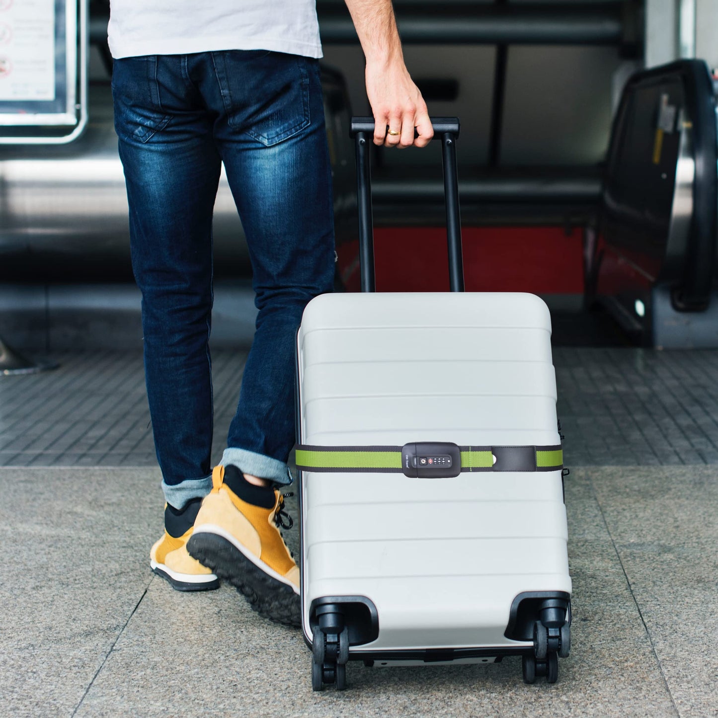 OW-Travel Personalised Luggage Straps with Locks for Suitcases (1 Pack Grey/Green) Easy to Spot TSA Suitcase Straps with Luggage Labels. TSA Approved Locks Bag. Lockable Travel Belt