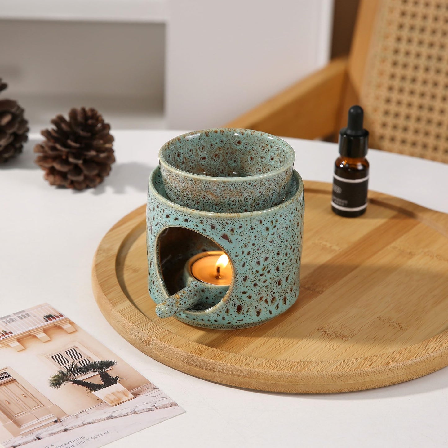 Auxmeware - Essential Oil Burner for Scented Oil, Oil Warmer, Tealight Wax Melt Warmer, Candle Diffuser, Tea Light Holder, Green