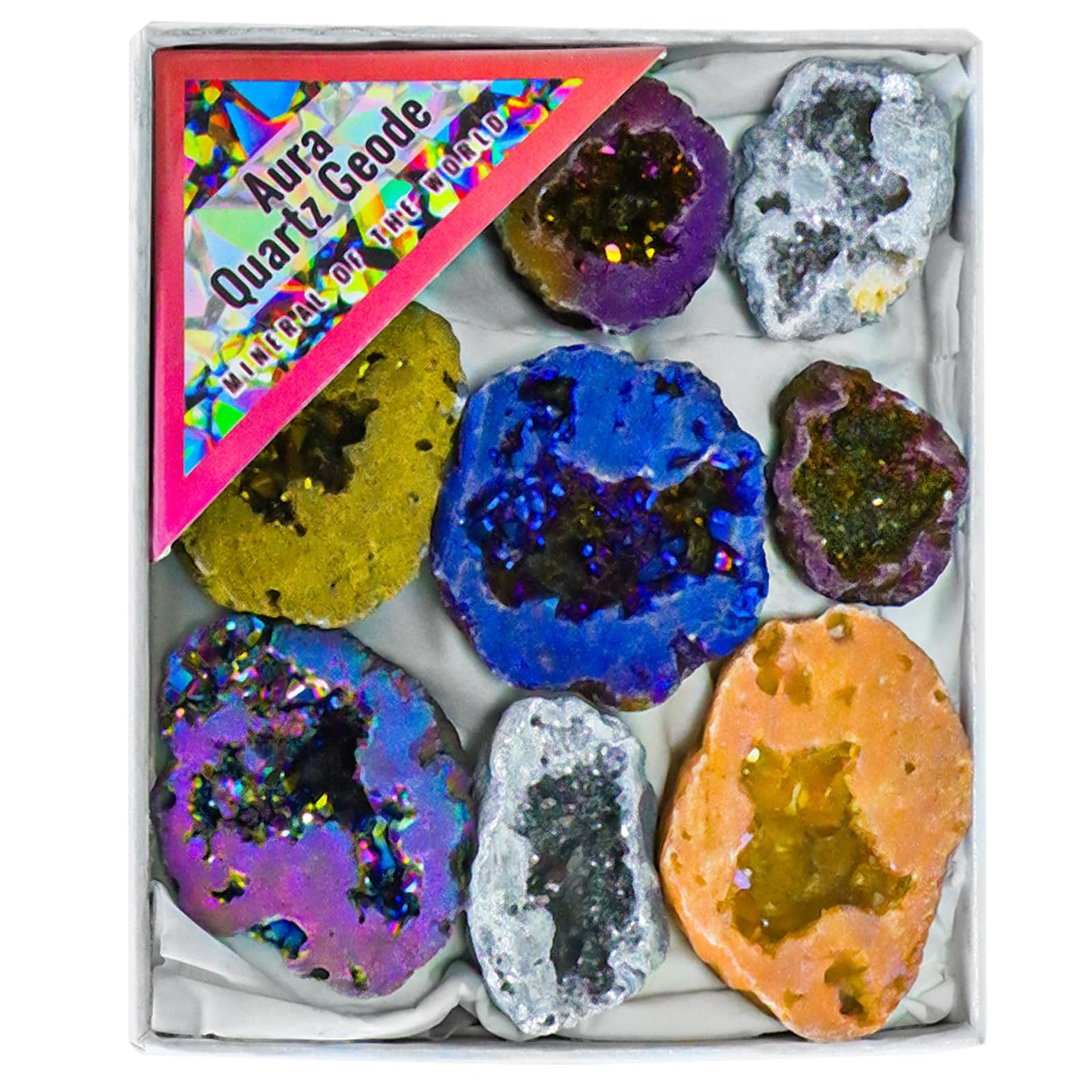 Titanium Coated Quartz Crystal Cluster Geode Druzy Stones Gemstones and Crystals Aura Collection Spiritual Reiki Gifts for Women Adults Meditation Paperweight Home Decor,9pcs in Box