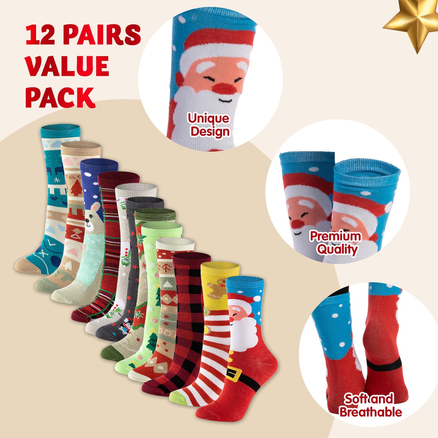 JOYIN 12 Pairs Christmas Socks, Warm Soft Novelty Crew Socks for Winter Christmas, Holiday or Birthday Gift