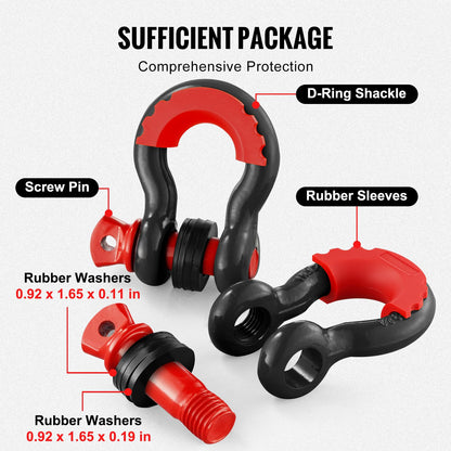 VEVOR 3/4" D Ring Shackle, Black Shackles for Truck with 7/8” Screw Pin 62832 lbs (28.5 Ton) Break Strength Red Isolator Washers Kit, Winch Towing Shackle for Truck Jeep Heavy Duty Off Road Recovery
