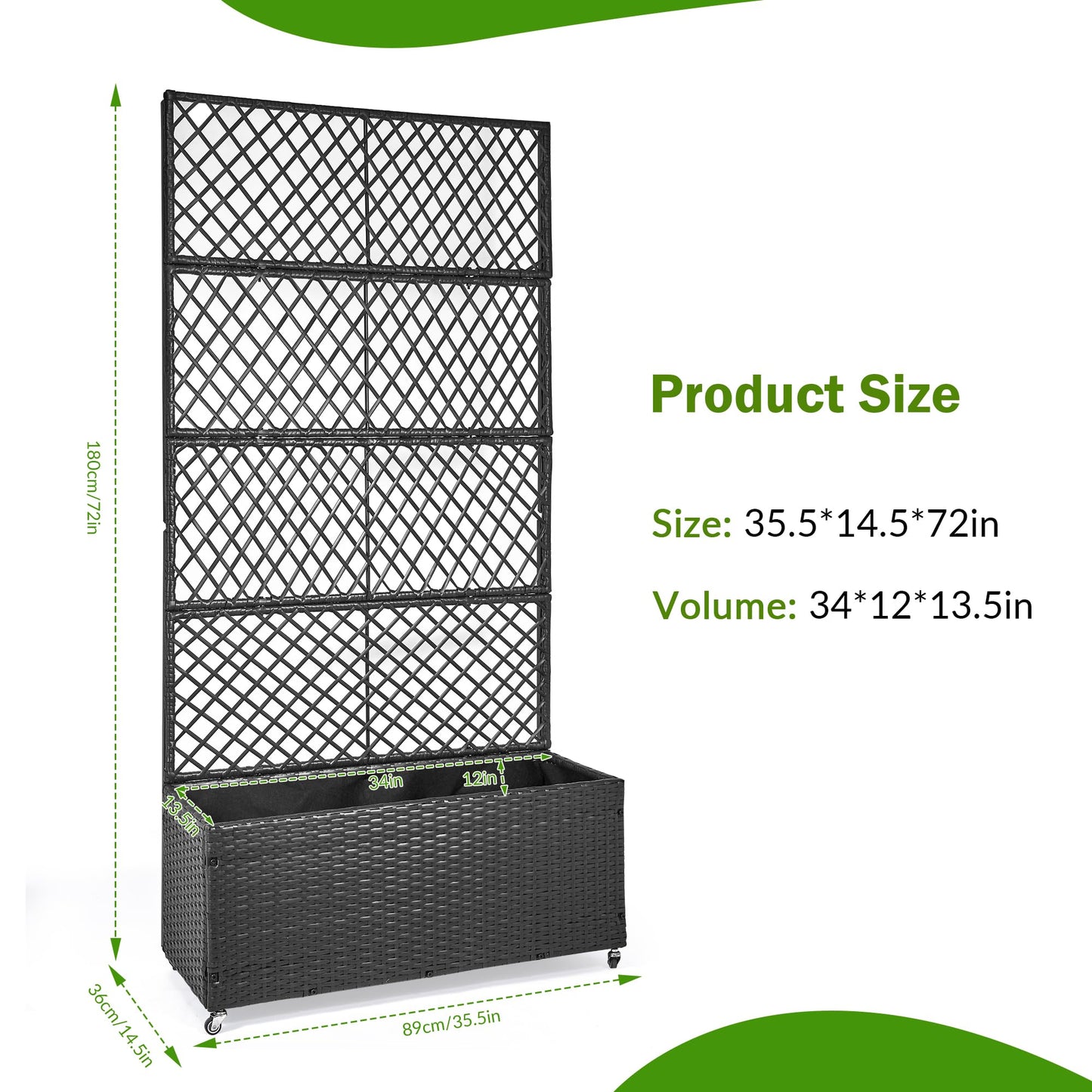 GENMOUS 72in/5.9ft Metal Raised Garden Bed with Trellis, Planter Box Trellis with Wheels for Vine Climbing Plants, Trellis with Drainage Holes for Flowers, Vegetables in Garden, Patio, Balcony （Black）