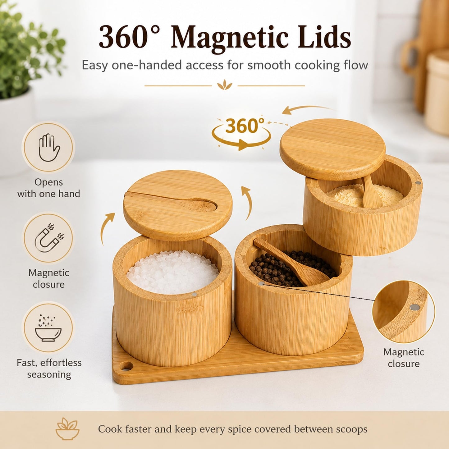 Bamboo Salt Cellar Set with Tray, Single & Double-Tier Salt and Pepper Cellar with Spoon & Magnetic Swivel Lid, 16 Labels, Spice Containers for Salt, Sugar, Pepper, Spices, Kitchen Organizer 9OZ Each
