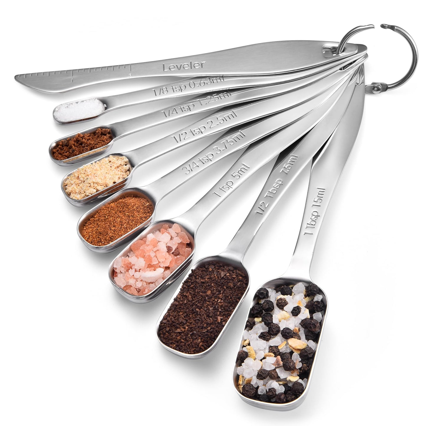 18/8 Stainless Steel Measuring Spoons: Doosu Heavy Duty Rectangular Spoon Square Teaspoon Tablespoon Scoop with Slim Long Handle in Narrow Spice Jar for Kitchen Baking Cooking (Set of 8 with Leveler)