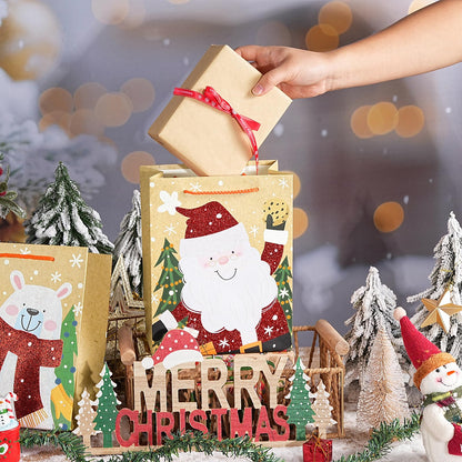 Loveinside Christmas Gift Bags Set, Glitter Foil Santa, Penguin, Snowman & Polar Bear Design, Medium Size Bags with Handle, Tissue Paper for Christmas Gifts & Party Favors, 4 Pack, 7" X 4" X 9"