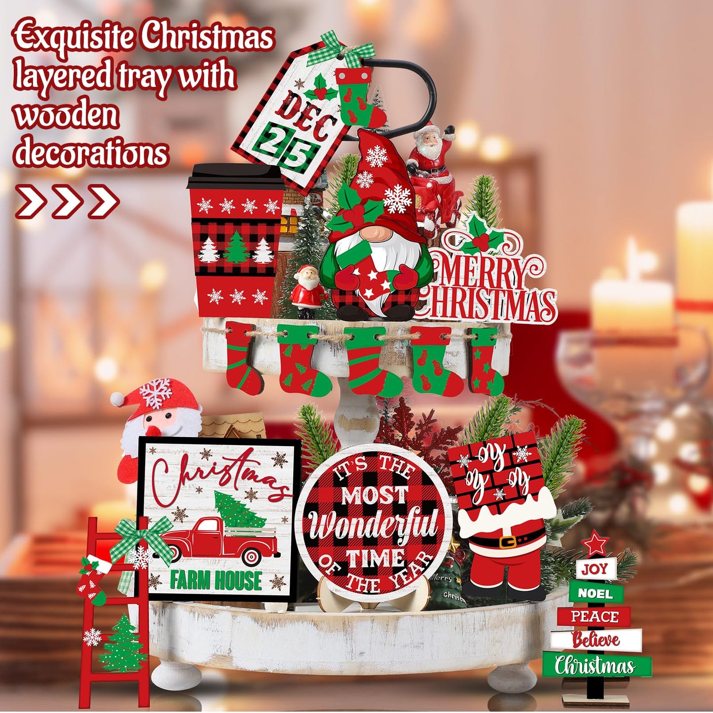 Tradder 14 Pcs Christmas in July Tiered Tray Decor Christmas Stockings Red Truck Xmas Tree Santa Wooden Signs Xmas Table Decorations Rustic Farmhouse Ornaments for Home Shelf