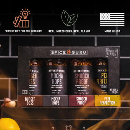 Spice Guru Grill Seasoning Gift Set - 4 Flavor BBQ Seasonings and Rubs - Christmas Gifts for Men Who Cook - BBQ Rub Gift Set - Christmas Grilling Gifts for Men - Gifts for Dad - Gifts for Him