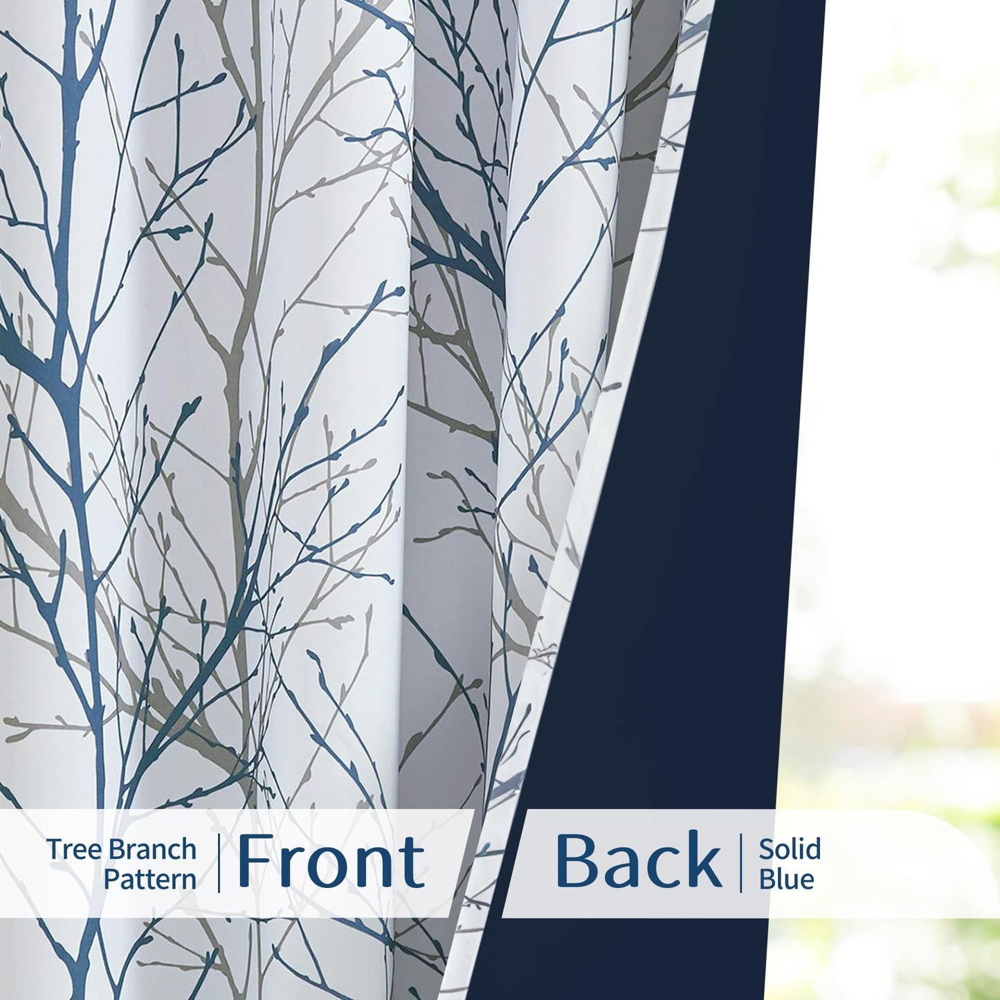FMFUNCTEX 100% Blackout Curtains for Bedroom, Blue White Tree Branch Curtains 54 Inches Long for Living Room, Short Thermal Insulated Window Drapes for Basement, Small Windows 2 Panels Grommet Top
