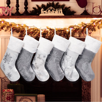 GEX Christmas Stockings 6 Pack for Family 20" Large Silver Gray Satin with Sequins Faux Fur Rhinestones Embroidered Classic Luxury Fireplace Tree Decorations Ornament for Xmas Season (Set of 6)