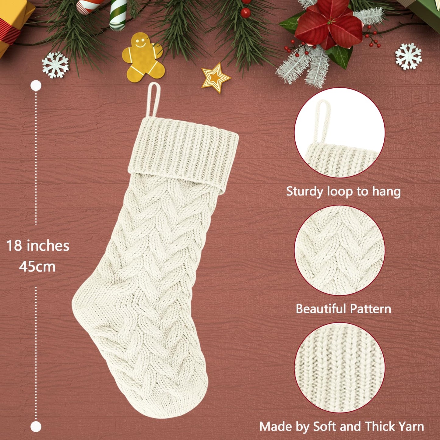 Kunyida Pack 4,18" Unique Ivory White Knit Christmas Stockings Style3