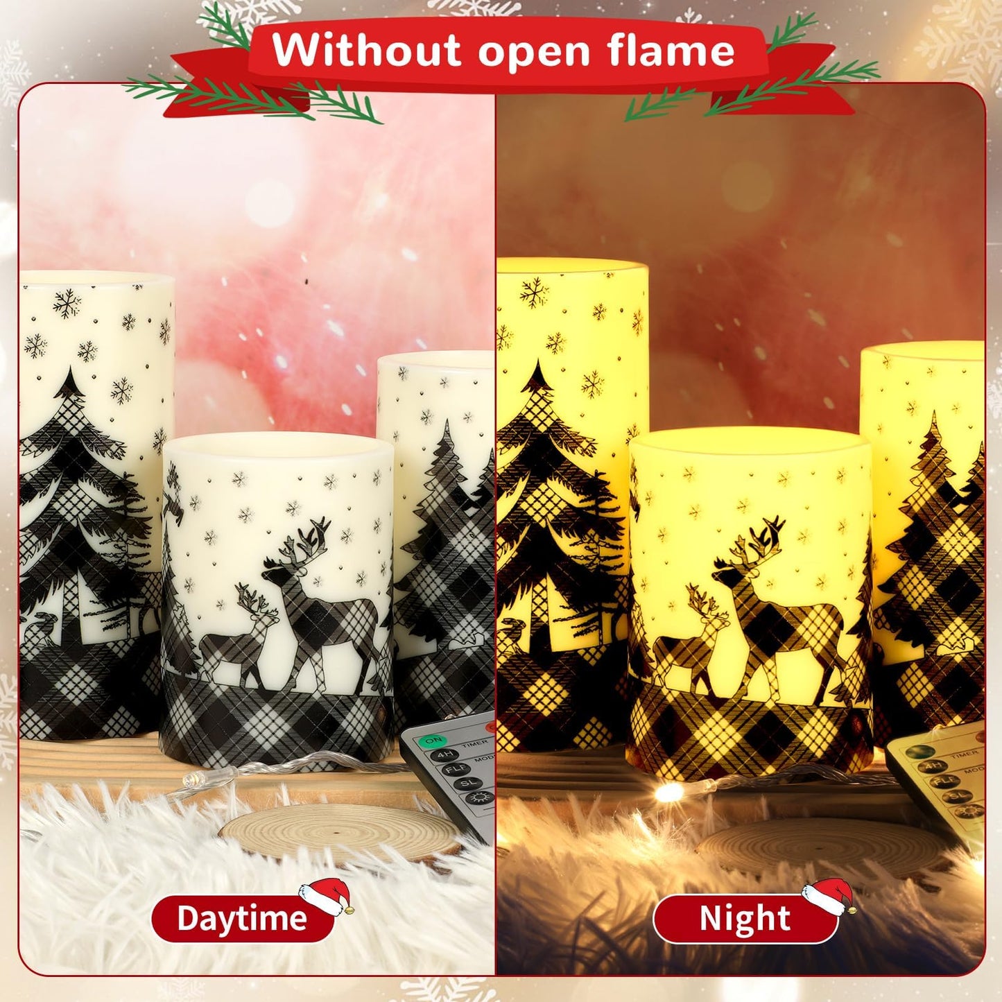 Lonfliness Black Buffalo Plaid Flameless Pillar Candles 3Pcs Christmas Flickering LED Pillar Battery Operated Candle with Remote Control Reindeer Candle Table Centerpiece for Winter Holiday Home Decor