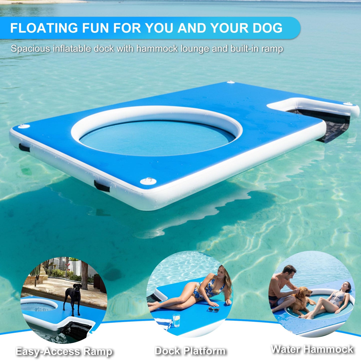 COOLWAVE Inflatable Floating Dock 10x6FT Dog Boat Ramp, Extra Large Floating Dog Dock with Water Hammock for Pool Lake Beach, Heavy Duty Lake Floats for Adults and Pets, 700LBS Load Capacity