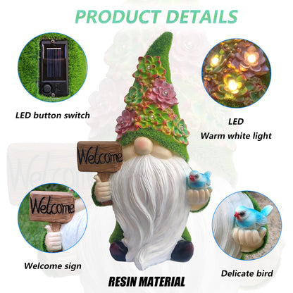 VIOYOUNS Solar Gnomes Garden Statues,Resin Gnome Figurine Holding Welcome Card and Bird with Solar Lights, Outdoor Gnomes Decorations for Yard Patio Lawn Porch, Garden Gifts