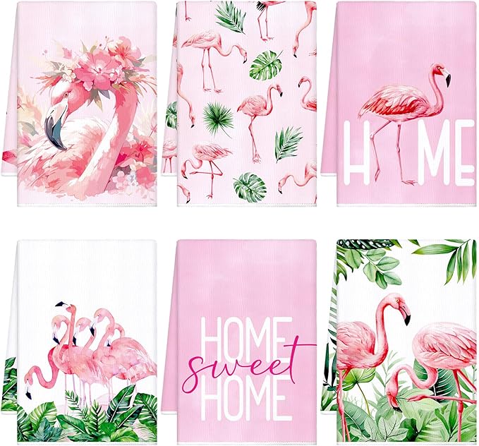 Geyoga 6 Pcs Spring Floral Kitchen Towels Flamingo Dish Hand Towels Sunflower