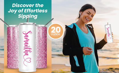 Personalized Tumbler with lid and straw | 20oz Stainless Steel Insulated | Custom Gifts | Double Wall Coffee Cups for Hot, Cold Drinks | Pink tumblers Glitter effect with Name | 20oz Cup