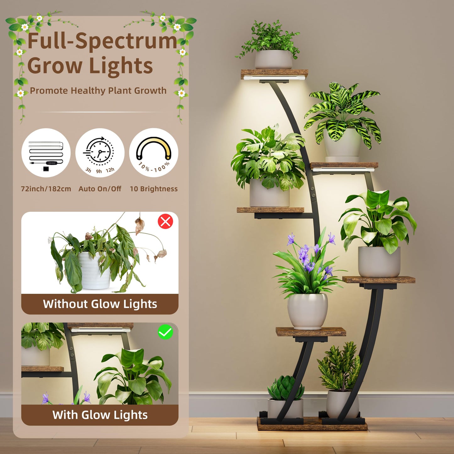 BACEKOLL Plant Stand Indoor with Grow Lights, Plant Shelf Indoor 2 Pack, Corner Plant Stands for Indoor Plants, 6 Tiered Plant Flower Display Shelf, Half-Moon Plant Rack for Home, Living Room, Black