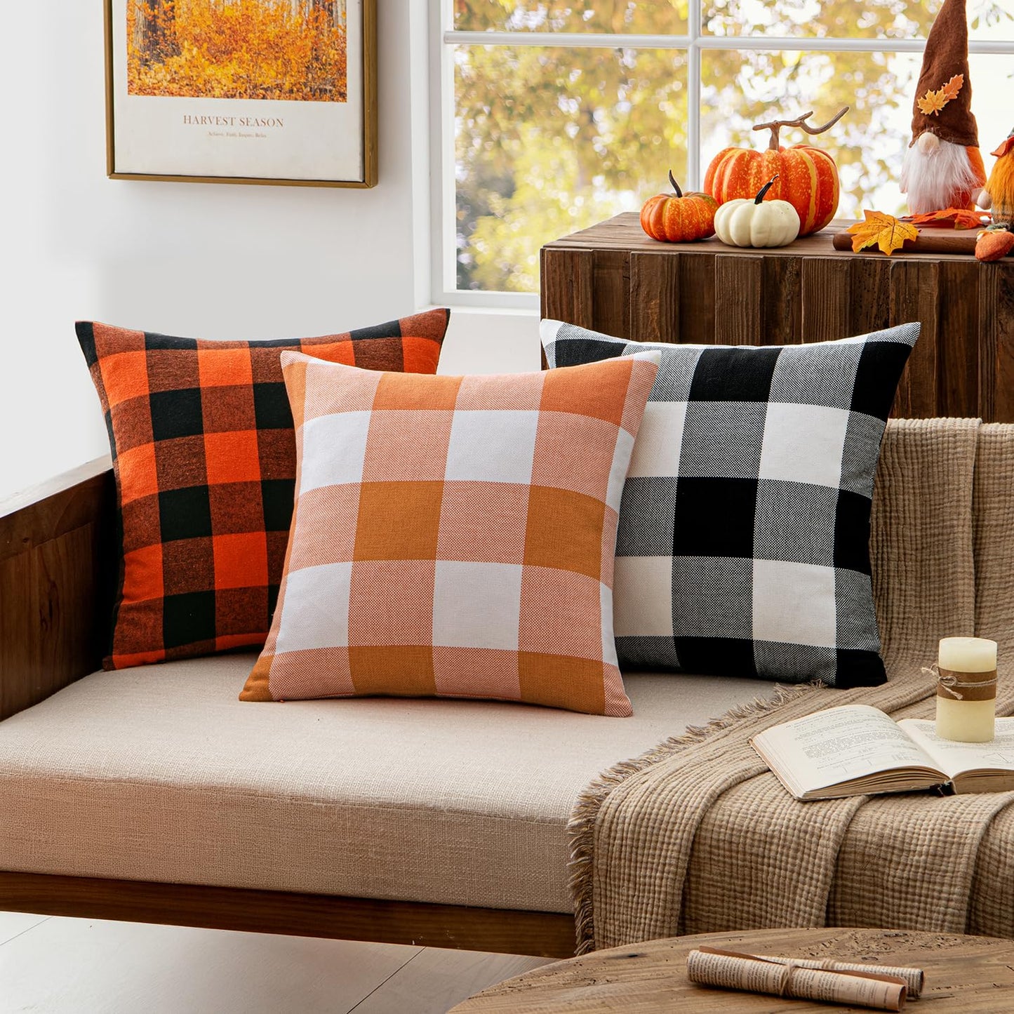 MIULEE Fall Throw Pillow Covers Pack of 2 Classic Farmhouse Buffalo Check Plaids Linen Soft Solid Orange and White Decorative Outdoor Cushion Case for Sofa Bedroom 12 x 20 Inch 30 x 50 cm