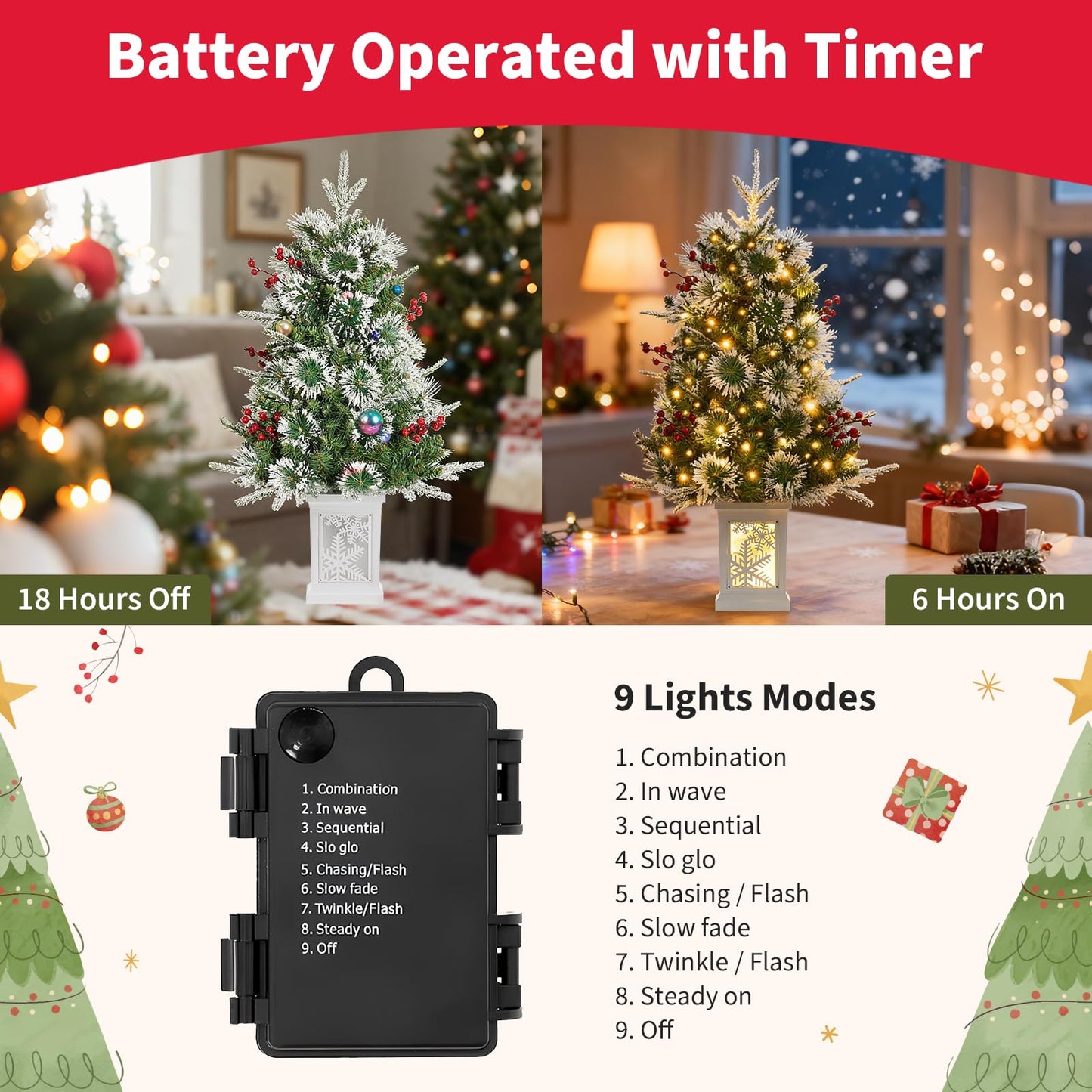 Small 3FT Pre-Lit Snow Flocked Christmas Tree with Twinkling Lights for Home Office Christmas Decor- Battery Operated & Timer (Snowflake Base)