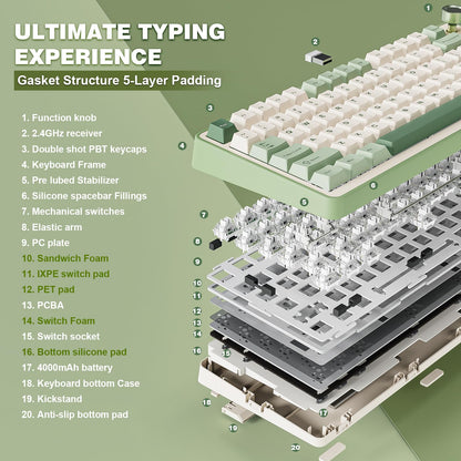 YUNZII B75 PRO Wireless Mechanical Keyboard,75% Gaming Keyboard Gasket Hot Swap Custom Keyboard with Knob,Pre-lubed Switches RGB,Bluetooth/Type-C/2.4G (Matcha Green, Milk Switch)