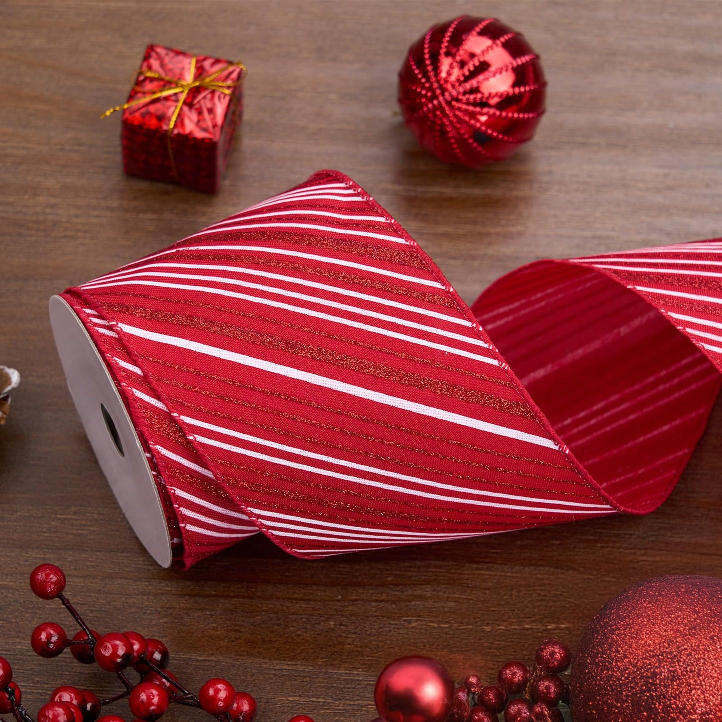 PAPER FAIR 4 Inch Candy Cane Christmas Wired Ribbon for Wreath Crafts, 4'' x 10 Yds (30 Feet), Red Glitter Stripe Burlap Extra Wide Xmas Wired Ribbon for Bow Ornaments, Tree Skirt, Topper Bow