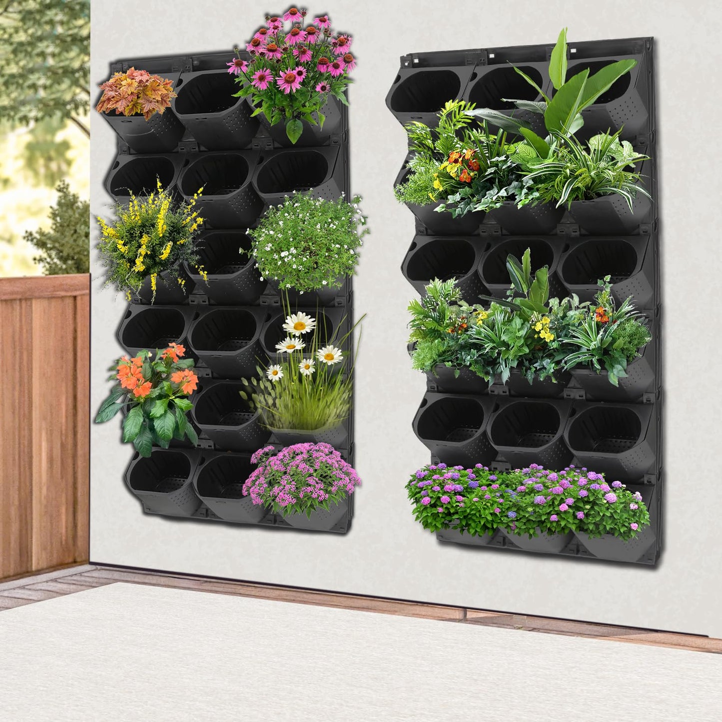 DouSeiAi Wall Mounted Vertical Garden Planter with 36 Pots, Indoor & Outdoor Stackable Wall Planter System for Flowers, Herbs, Vegetables, Space-Saving Living Wall for Home, Balcony, Yard