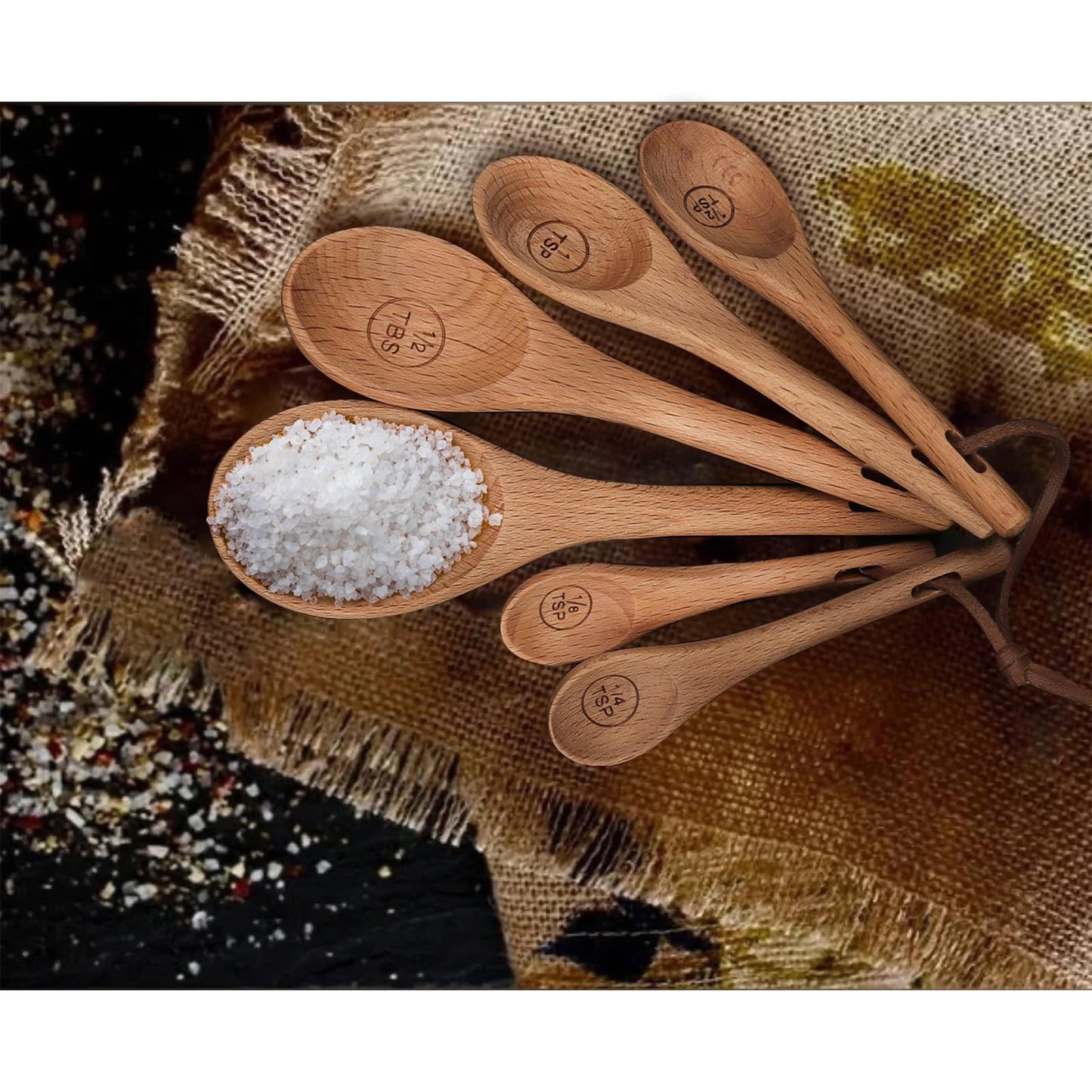6pcs Measuring Spoons, Natural Beechwood Measuring Spoons Set Includes 1 tbsp, 1/2 tbsp, 1 tsp, 1/2 tsp, 1/4 tsp & 1/8 tsp for Cooking Baking, Rustic Teaspoon Tablespoon for Dry Ingredients