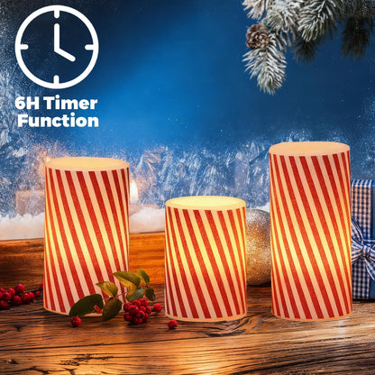 Wondise Christmas Red Stripes Glitter Flickering Flameless Candles with 6H Timer, Battery Operated Pillar Candles, Real Wax LED Candles for Home Christmas Decoration Gift(D3 x H4 x5 x6)