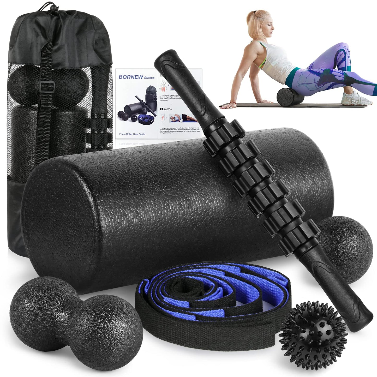 Foam Roller Set - High Density Back Roller, Muscle Roller Stick,2 Foot Fasciitis Ball, Stretching Strap, Massager Ball for Whole Body Physical Therapy & Exercise, Yoga, Back Pain, Leg, Deep Tissue