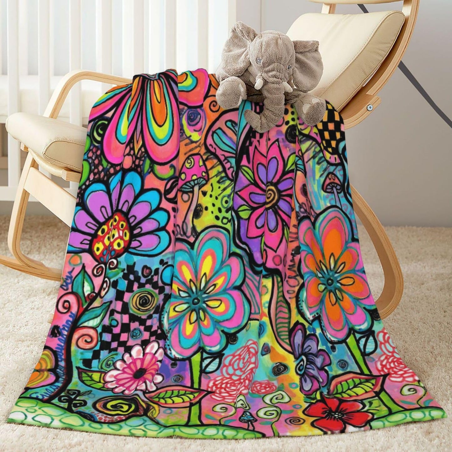 Gbuzozie Hippie Art Flowers Doodle Fleece Blanket Lightweight Ultra-Soft Throw Blanket for Sofa Couch Bed Camping Travel - Super Soft Cozy Microfiber Blanket 60"X50"