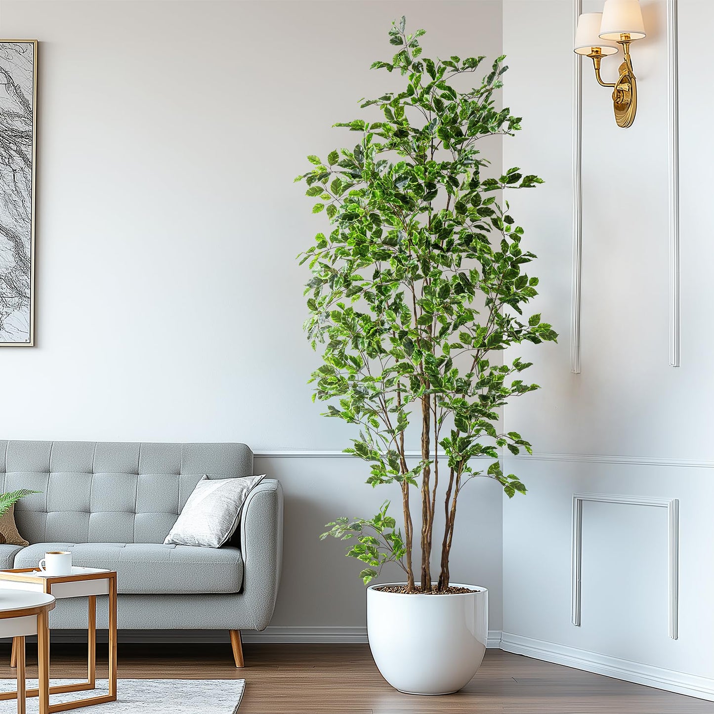 Bailikang Artificial Ficus Tree Indoor 8ft, Large Potted Faux Tree with Realistic Silk Leaves & Trunk for Home Office, Living Room Corner Decor