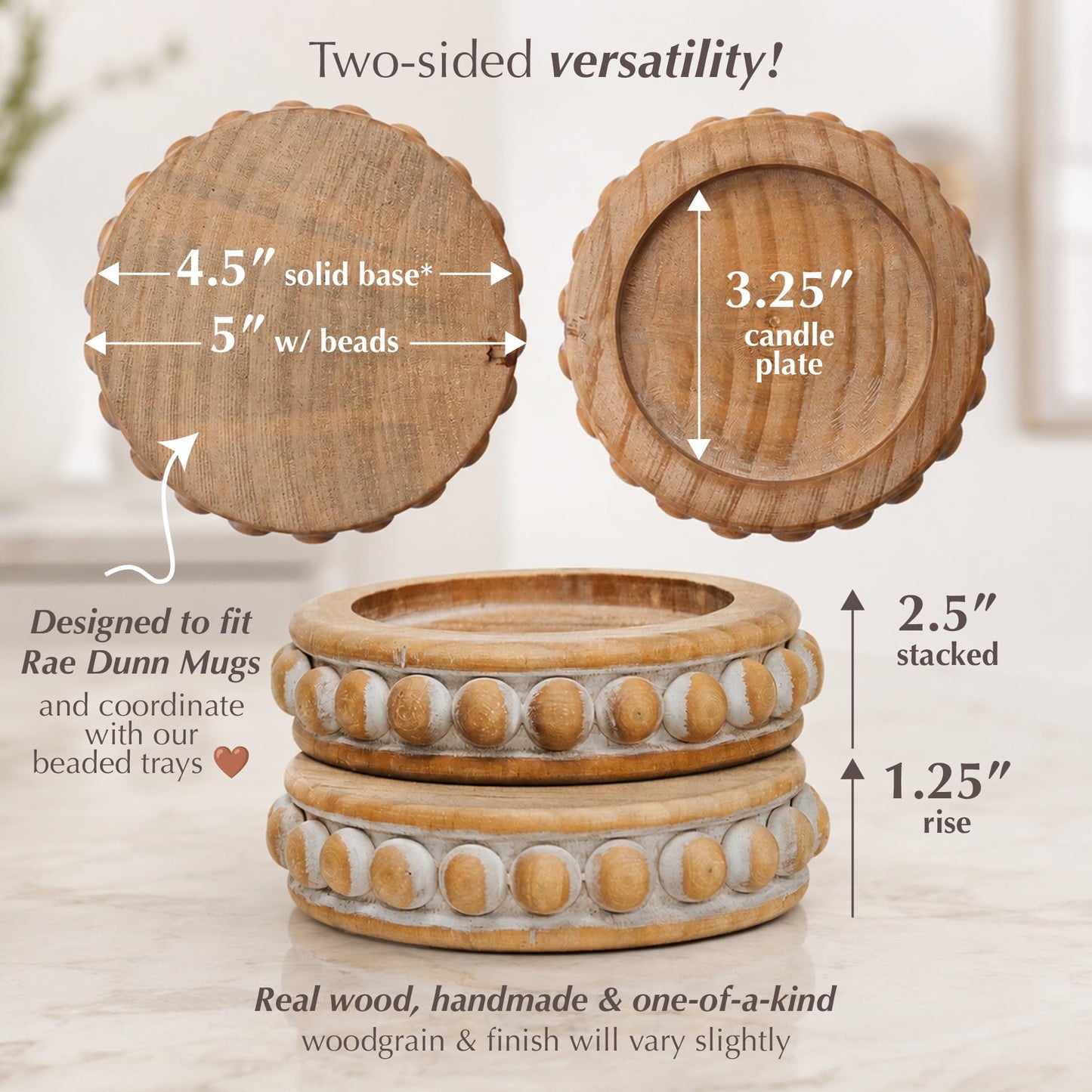 Candle Pedestal [Set of 2] Round Rustic Wood Beaded Risers - Sturdy 2-Sided Stackable Decor Pedestal Stands for Tiered Tray, Candle, Mug Display, Risers Display Stands (Rustic Brown, 5 inch)