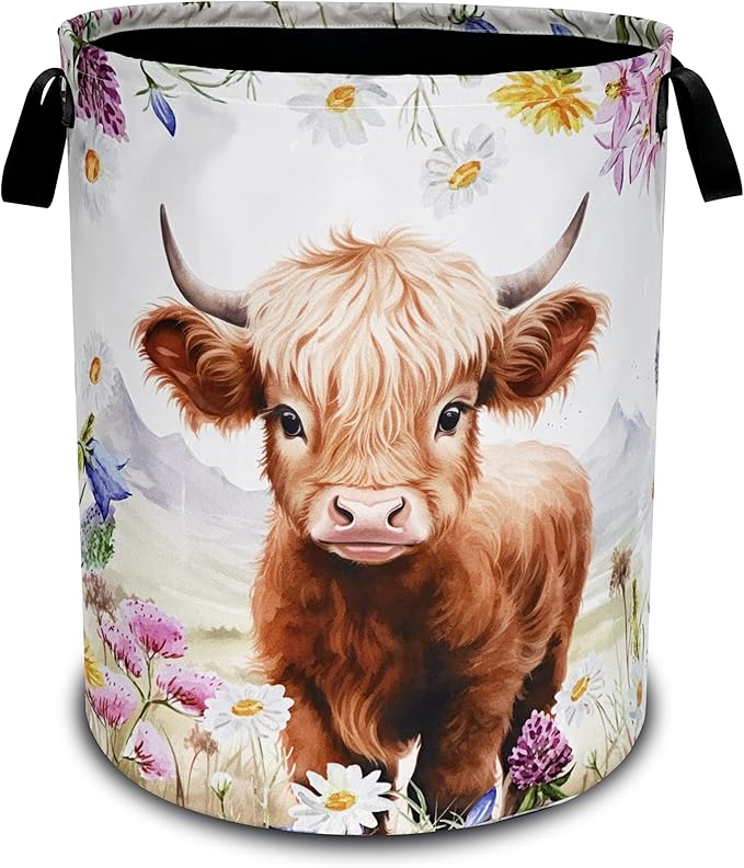 Highland Cow Laundry Basket Oxford Cloth Animal Flowers Laundry Hamper