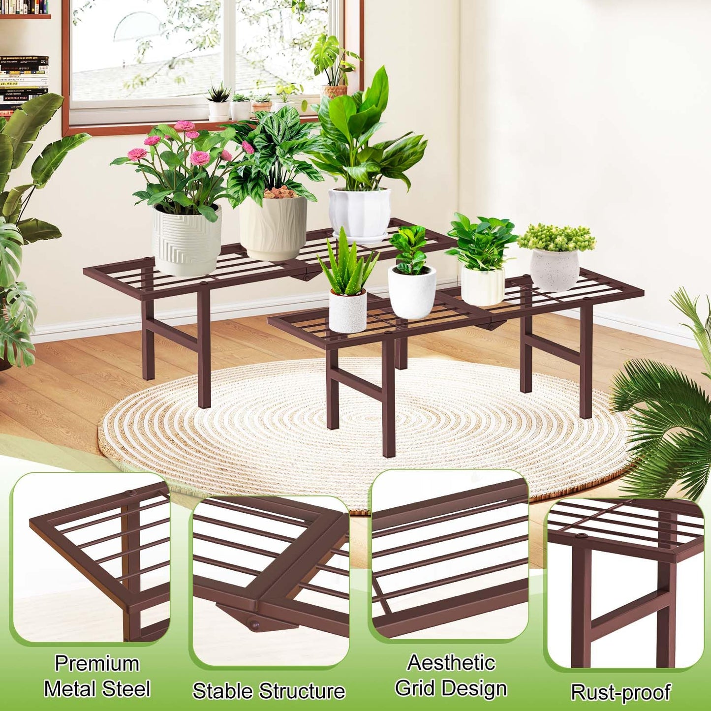 jsyonii 2 Pack Metal Plant Stand Outdoor Indoor, 1 Tier Folding Tiered Flower Plant Shelf, Heavy Duty Ladder Multiple Pot Display Plant Rack for Patio Garden Balcony Windowsills, Brown
