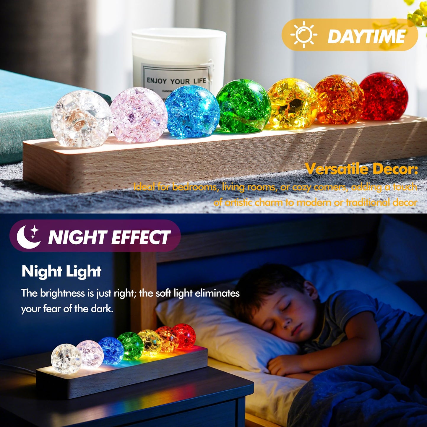 LOULIQIGIFT 60mm Colorful Ice Cracked Crystal Balls with Wooden Light Base and 7 Colors Ice Cracked Balls with LED Wooden Base 40mm Healing Sphere Balls Set