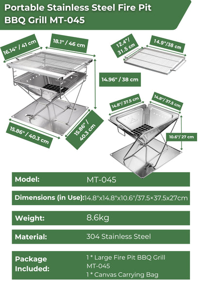 CAMPINGMOON 3 in 1 Flatpack Portable Fire Pit Grill 14 inch Foldable Stainless Steel Wood Burning Camping Stove Adjustable Height Overlanding Outdoor Cooking RV Trips Carry Bag included MT-045