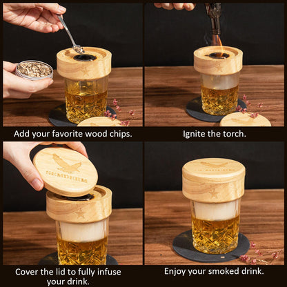 Bourbon Whiskey Smoker Kit with Torch - Old Fashioned Cocktail Smoker Kit with 2 Whiskey Glasses, 6 Wood Chips - Valentines Anniversary Birthday Gifts for Men Dad Husband Boyfriend (No Butane)