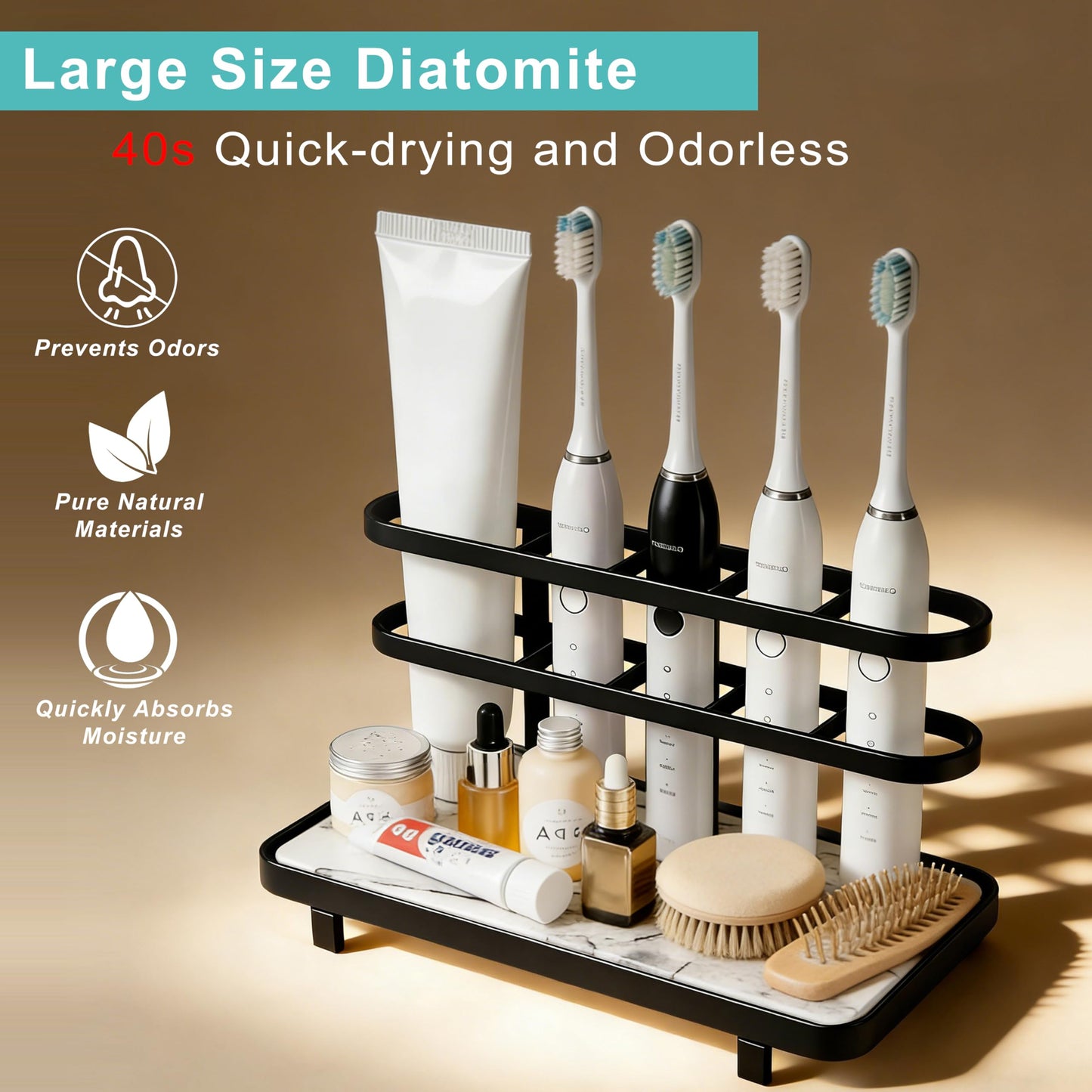 Diatomite Toothbrush Holder for Bathroom, Quick Dry Diatomaceous Earth Base, 5 Slot Electric Toothbrush Organizer for Countertop, Toothpaste Holder Bathroom Counter Organizer, Black