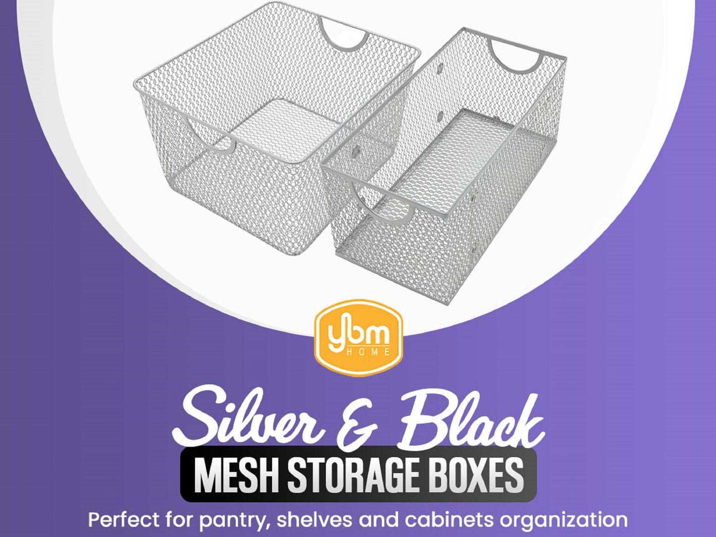 YBM HOME Mesh Stacking Bin Storage Containers for Kitchen Pantry, Cabinet and Shelves, Metal Wire Basket Rack for Fruits and Veggies, Crafts, Toys & Cleaning Items - 1 Unit, Large 15x11x8 Silver (4)