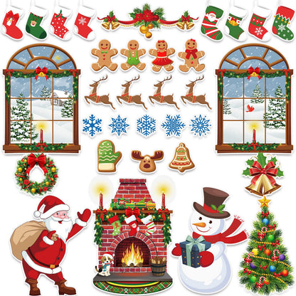 TaoBary 33 Pcs Christmas Bulletin Board Decorations Set for Classroom with Fireplace Santa Snowman Tree Window Garland Bell Stocking Gingerbread Xmas Cutouts for Office School Home Winter Party Decor