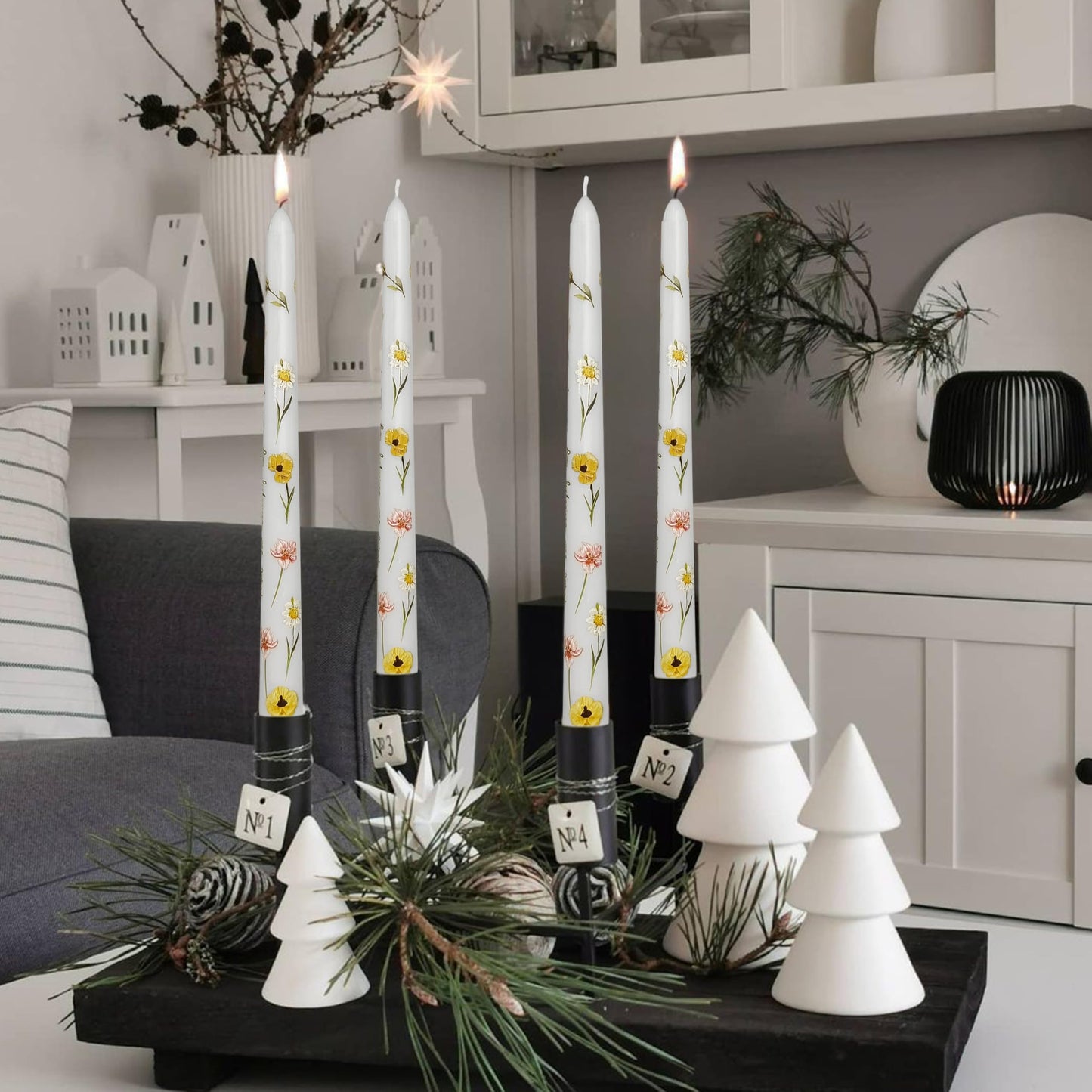 Floral Printed Taper Candle - Baleagcdl White with Poppy Flower Prints Candlesticks 10 Inch Handmade Drip Candle Sticks for Dinner Home Holiday Decor Gifts - Set of 2