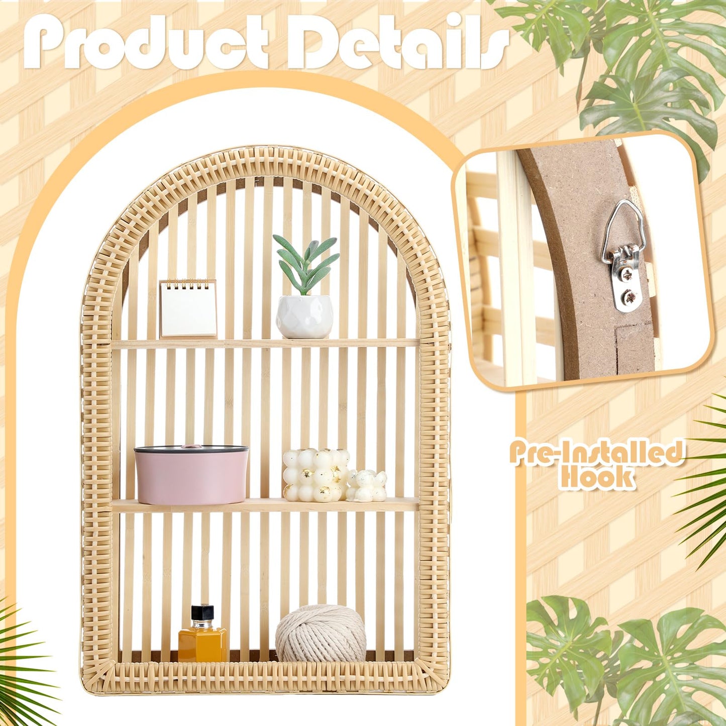 Vercraft Rattan Wall Shelf 3 Tier Boho Wall Mounted Shelf 23.62" x 15.75" Farmhouse Handcraft Bamboo Arched Floating Shelves for Living Room Home Bedroom Storage Decor