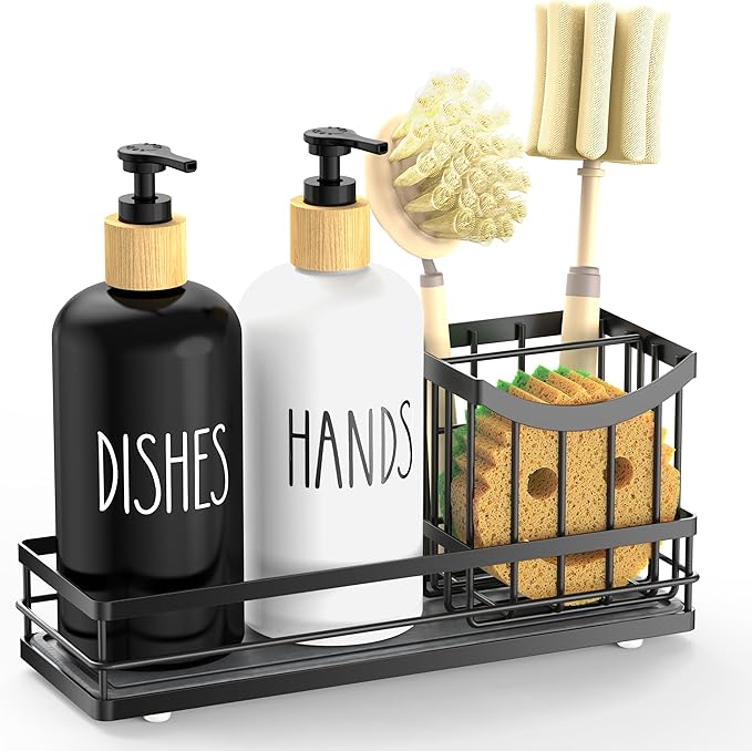 Moforoco Kitchen Dish Soap Dispenser Set, 16OZ Glass Bottle, Hand and Dish Soap